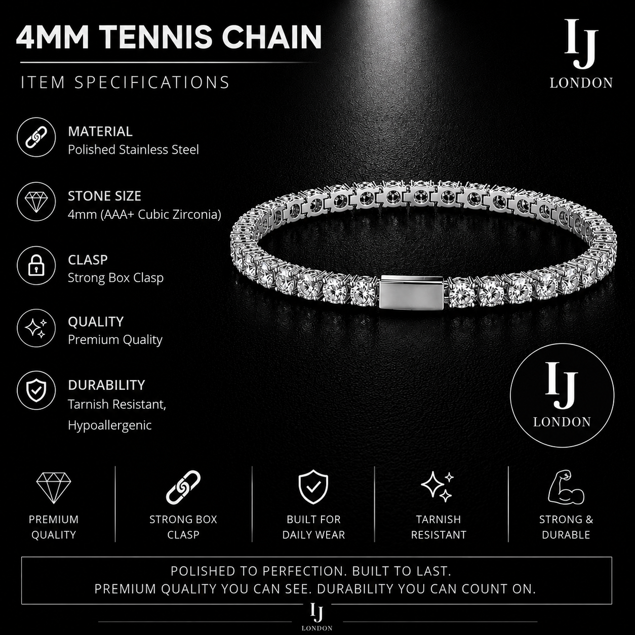 IJ LONDON 4MM Tennis Bracelet – Premium Polished Stainless Steel