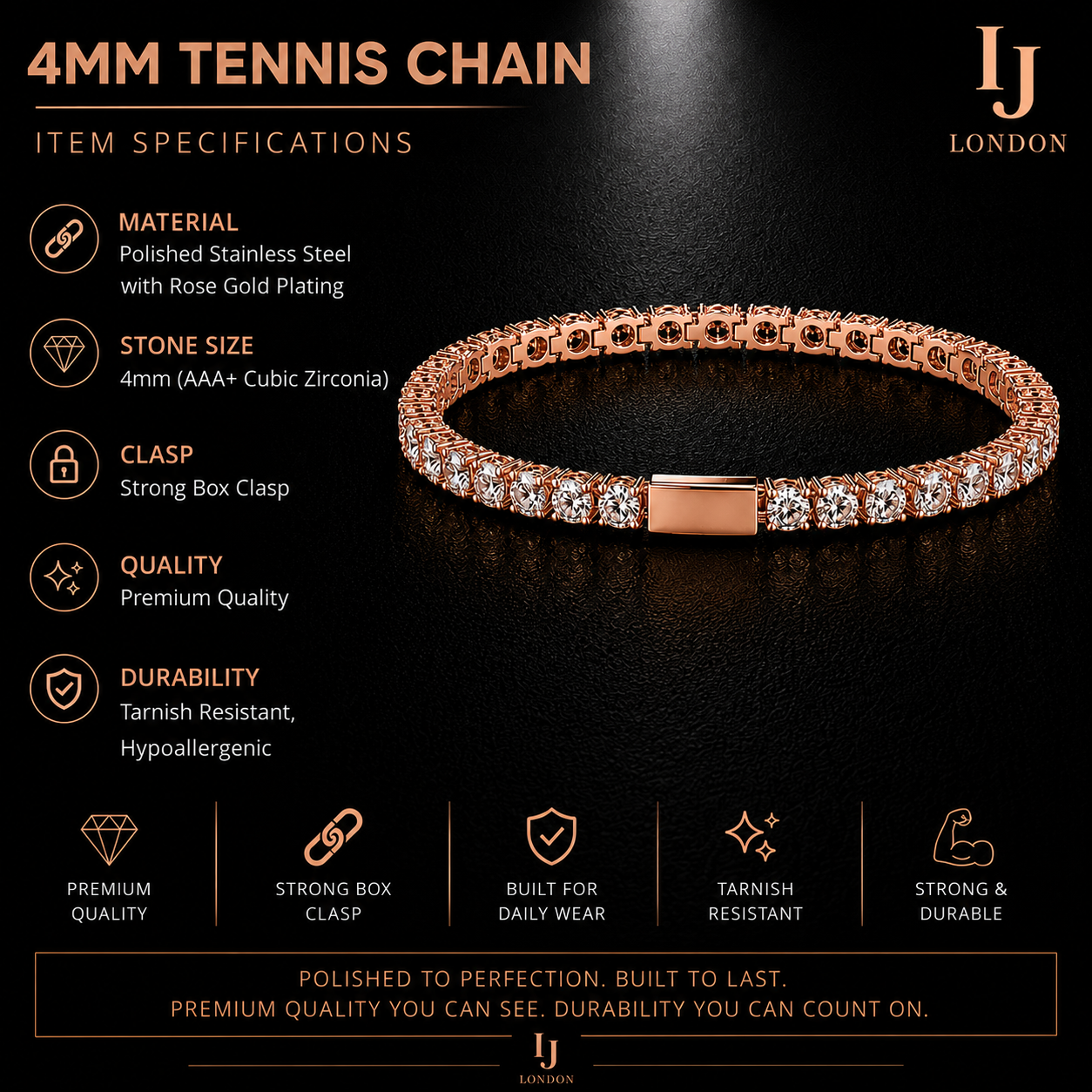 IJ London 4mm Rose Gold Tennis Bracelet