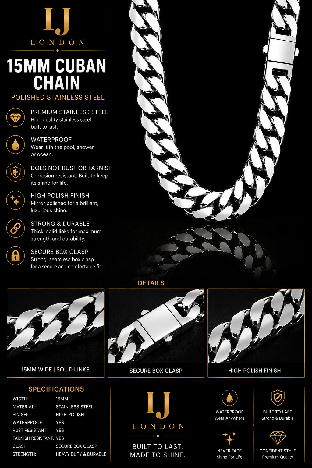 IJ London 15MM Cuban Link Chain – Premium Polished Stainless Steel