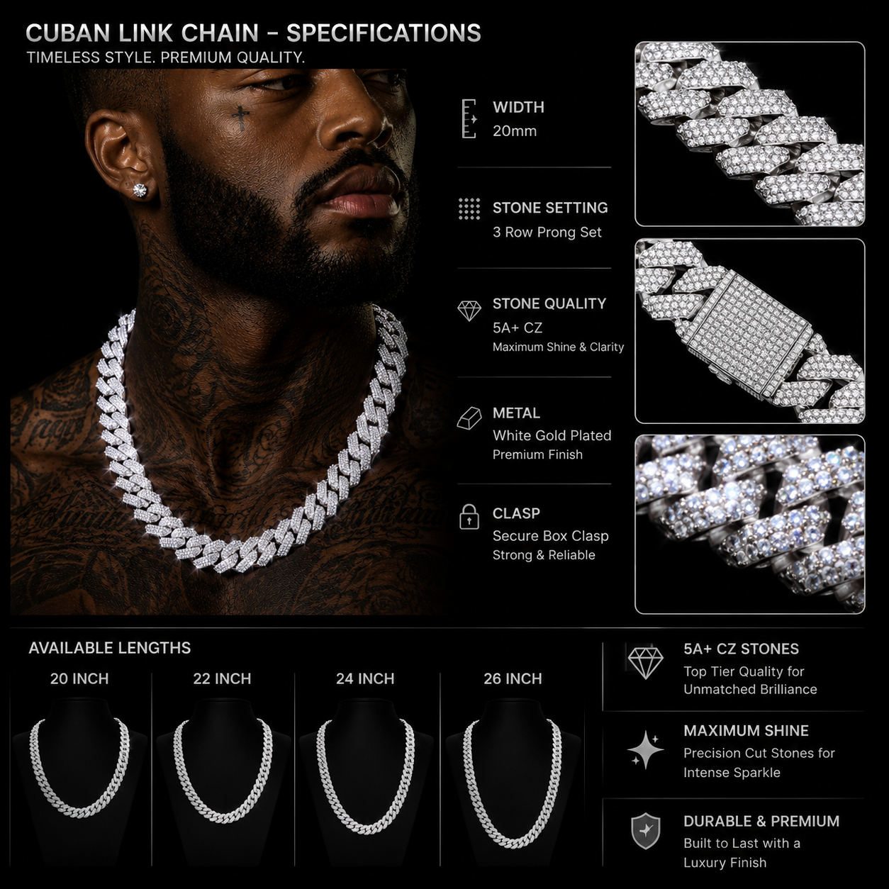 IJ London 20MM 3 Row Prong Set Cuban Chain – White Gold Plated