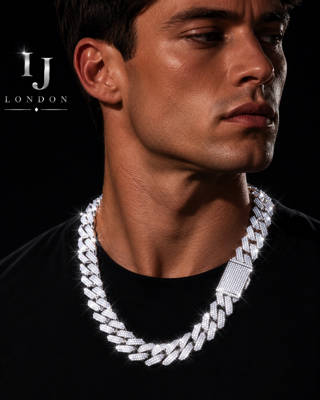 IJ London 20MM 3 Row Prong Set Cuban Chain – White Gold Plated