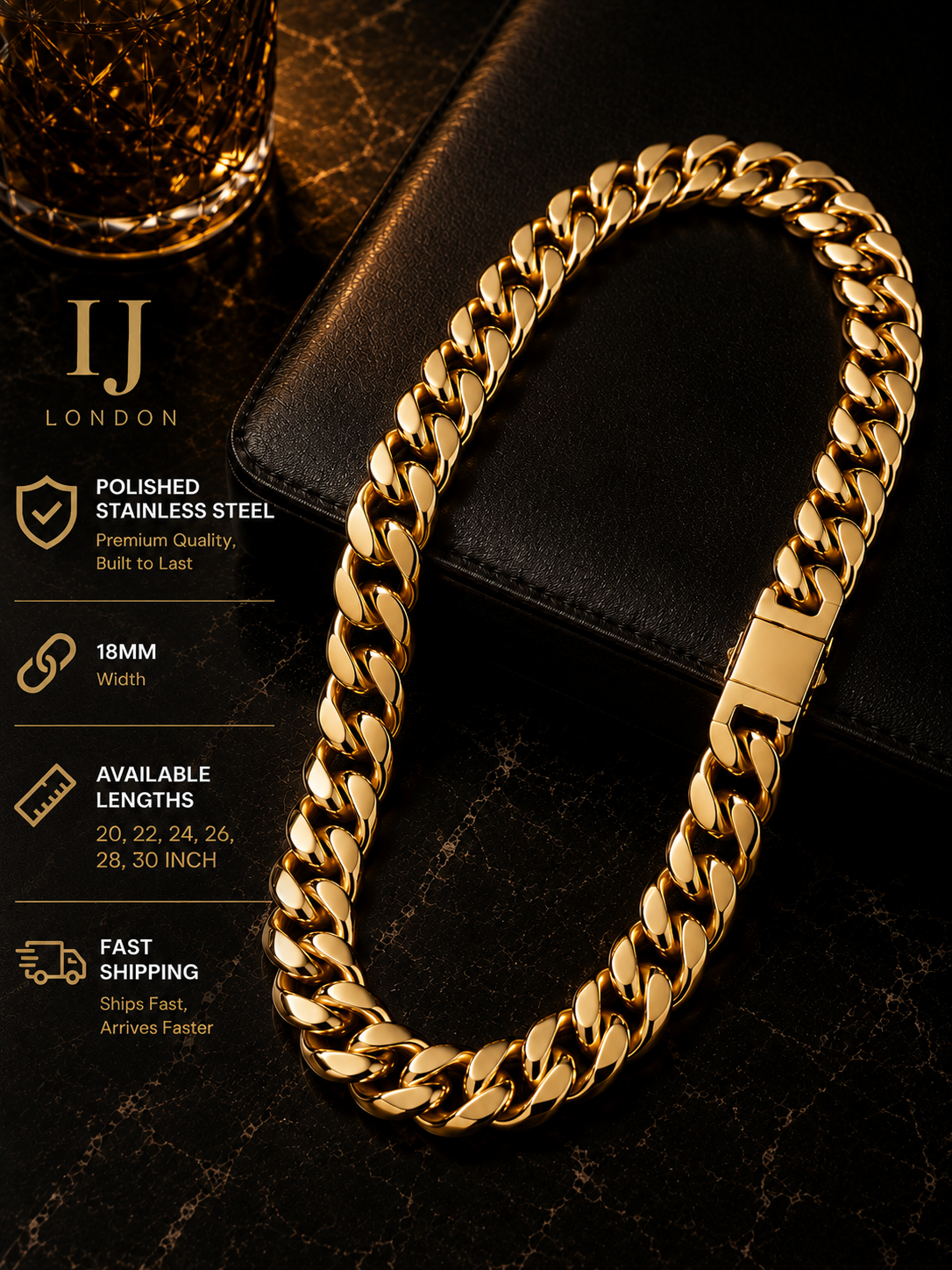 IJ London 18mm Gold Cuban Chain – Premium Stainless Steel