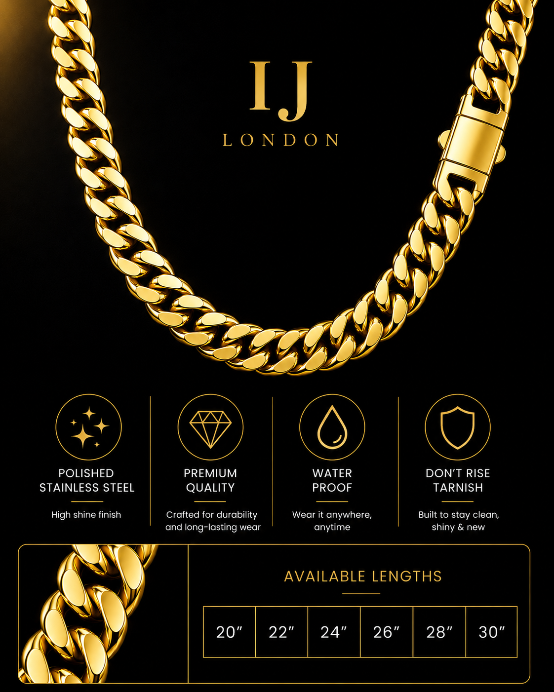 IJ London 14mm Gold Cuban Chain Necklace