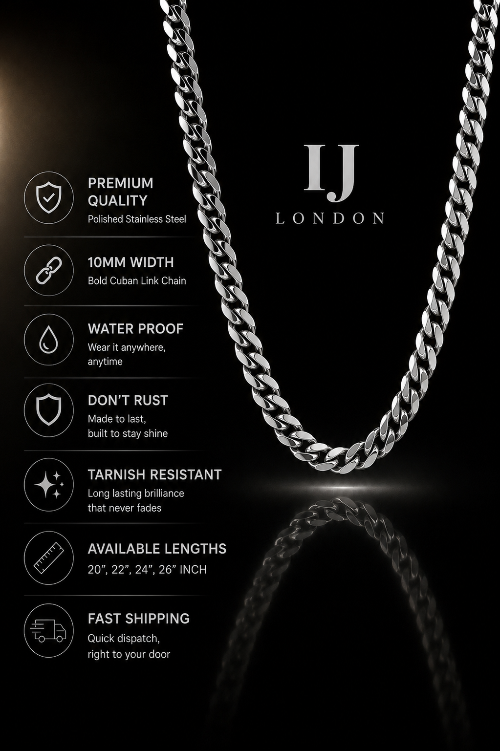 IJ LONDON 10mm Silver Cuban Chain – Premium Polished Stainless Steel Necklace