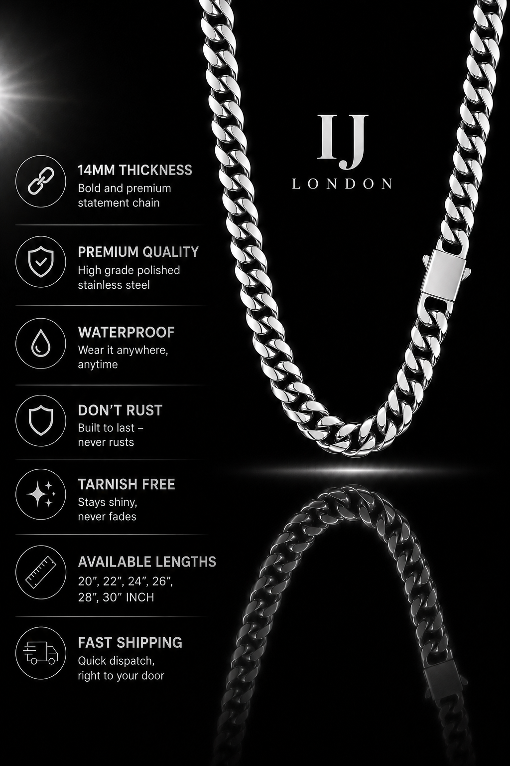 IJ London 14mm Premium Stainless Steel Cuban Chain Necklace