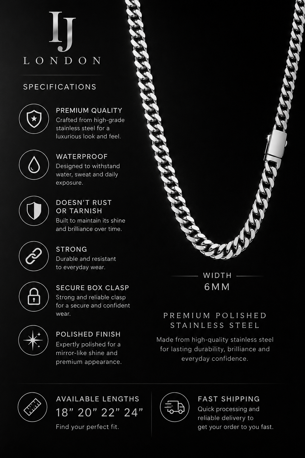 IJ London 6mm Silver Cuban Link Chain Necklace – Premium Stainless Steel