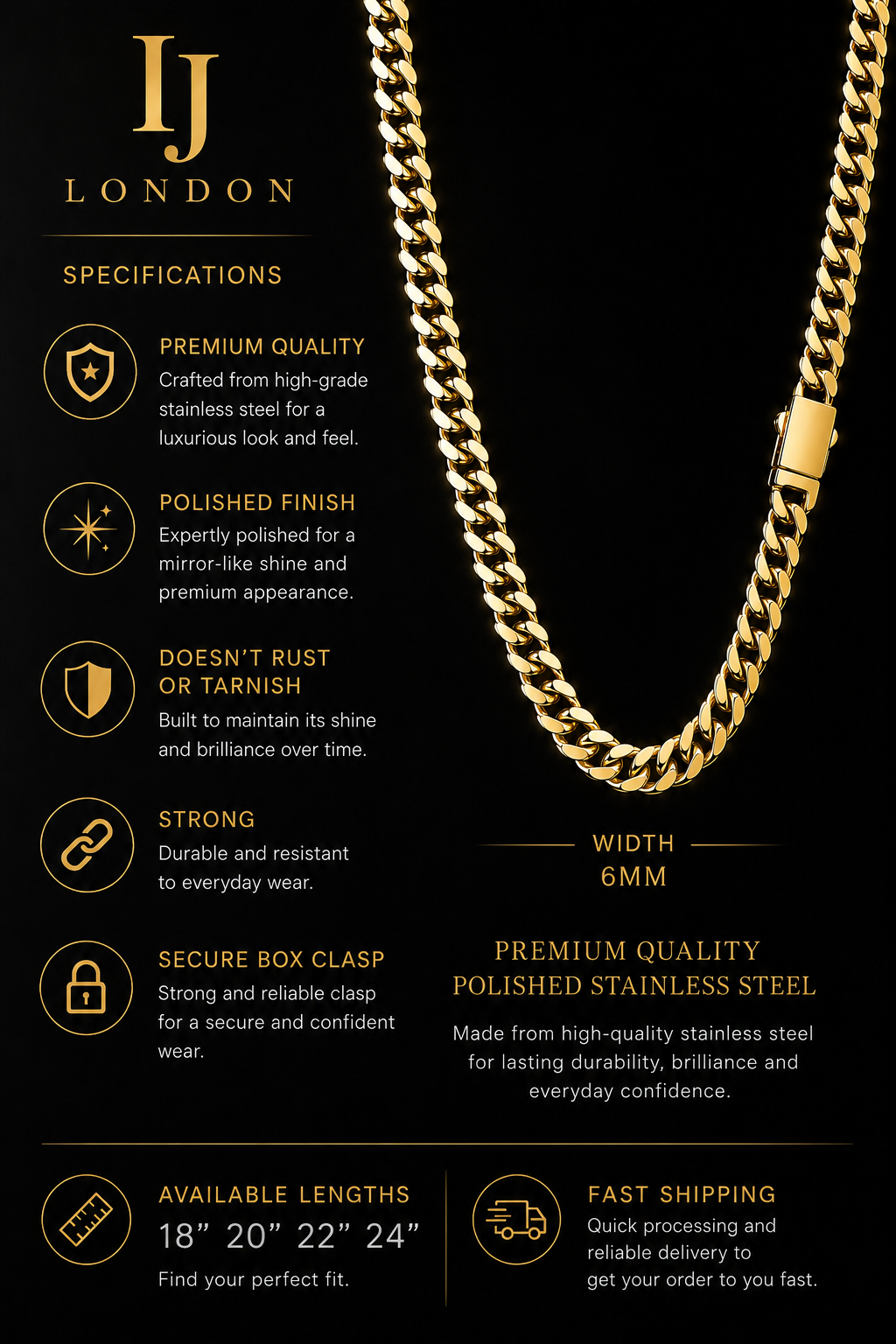 IJ London 6mm Gold Cuban Link Chain Necklace – Premium Stainless Steel