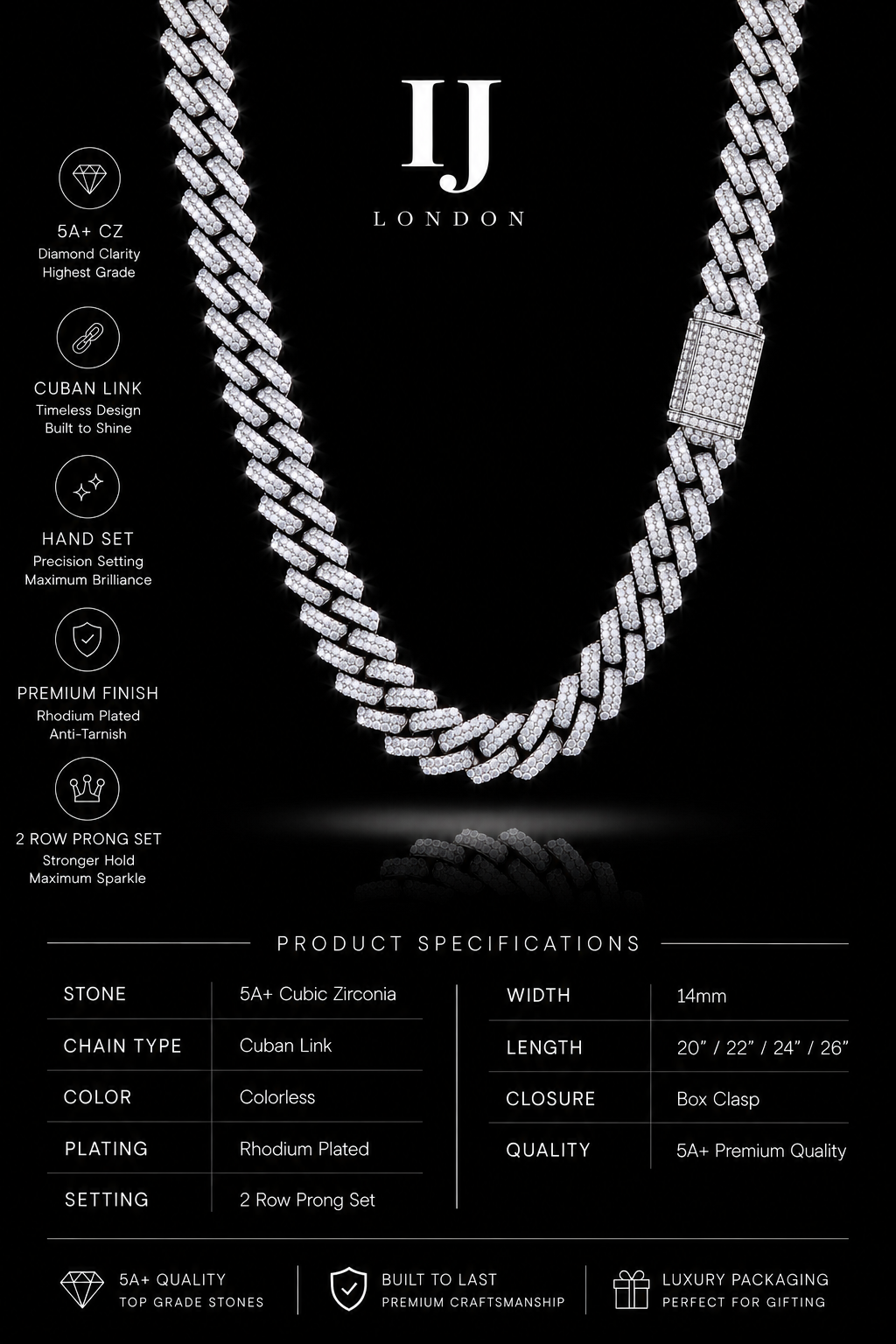 IJ London 14mm Cuban Link CZ Chain – 5A+ Two Row Prong Set