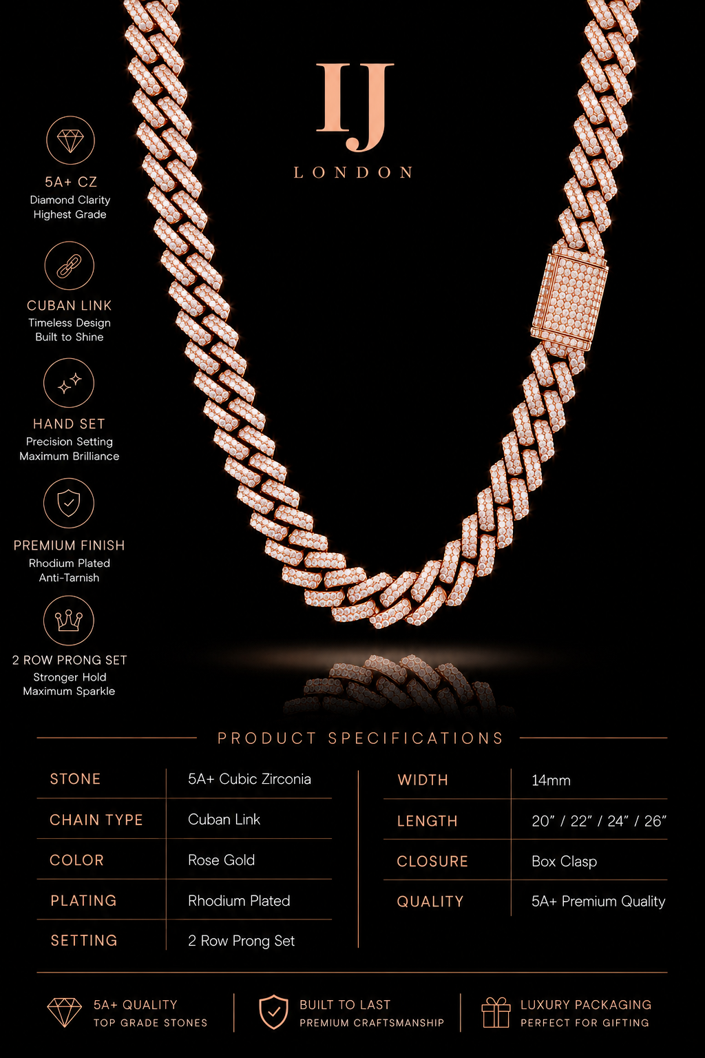 14mm Rose Gold Prong Set Chain Necklace