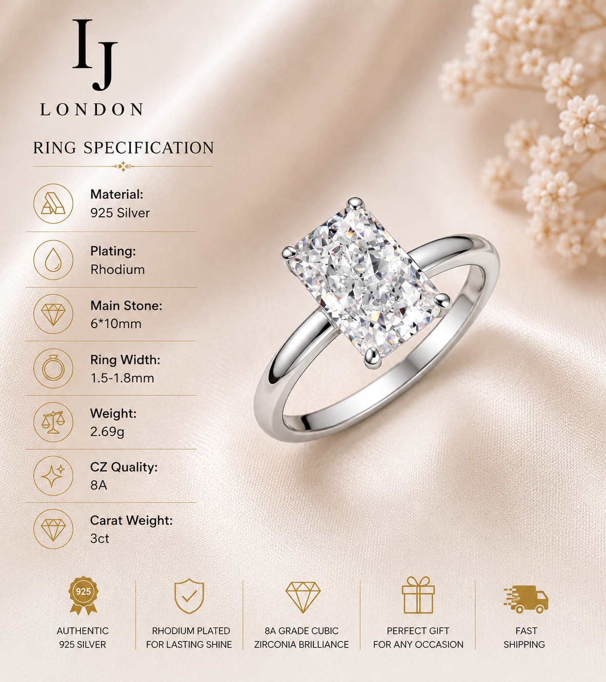 Radiant Cut Solitaire Ring – 3ct CZ 925 Sterling Silver | Rhodium Plated