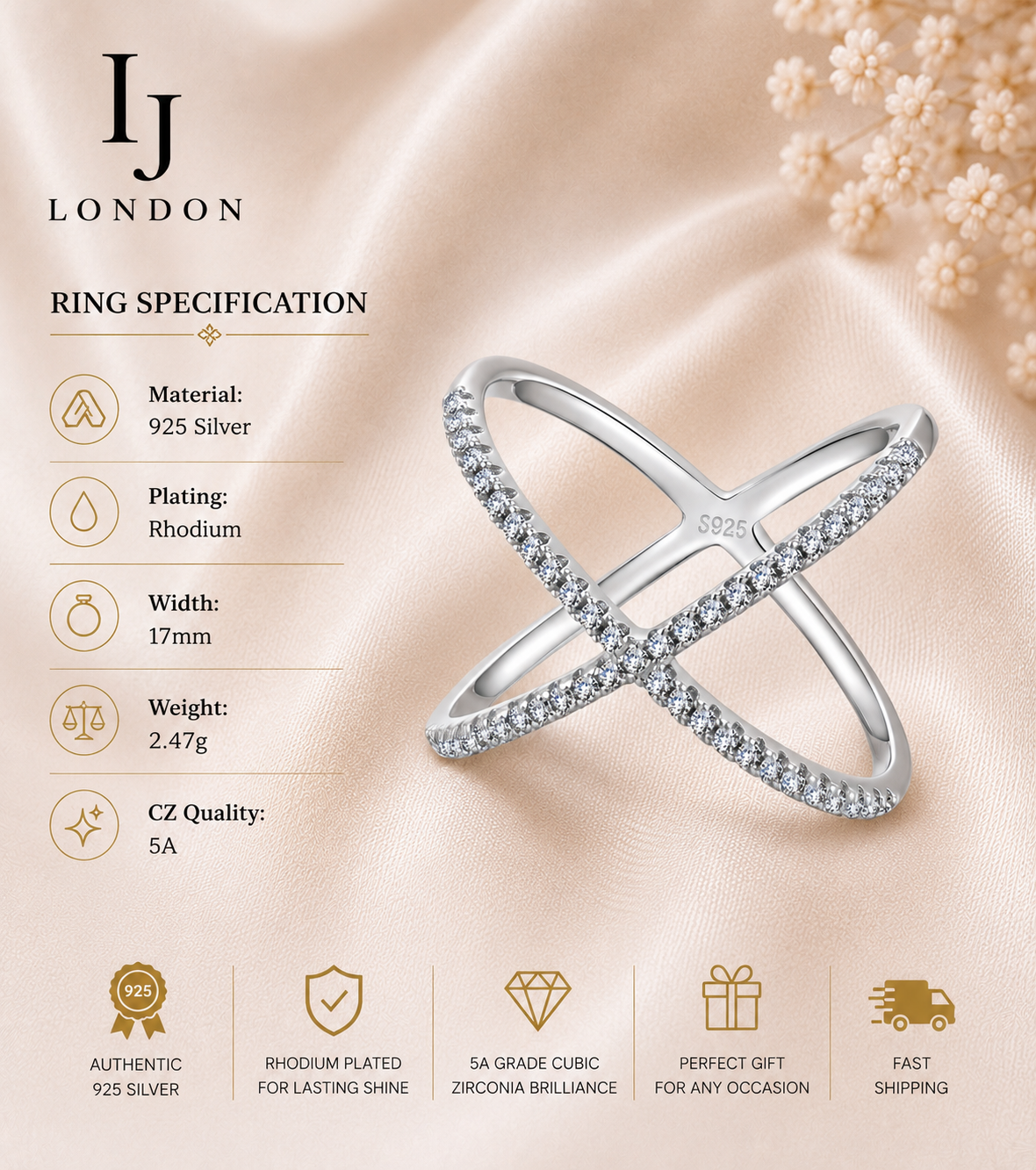 Criss Cross CZ Ring – 925 Sterling Silver Rhodium Plated Ring