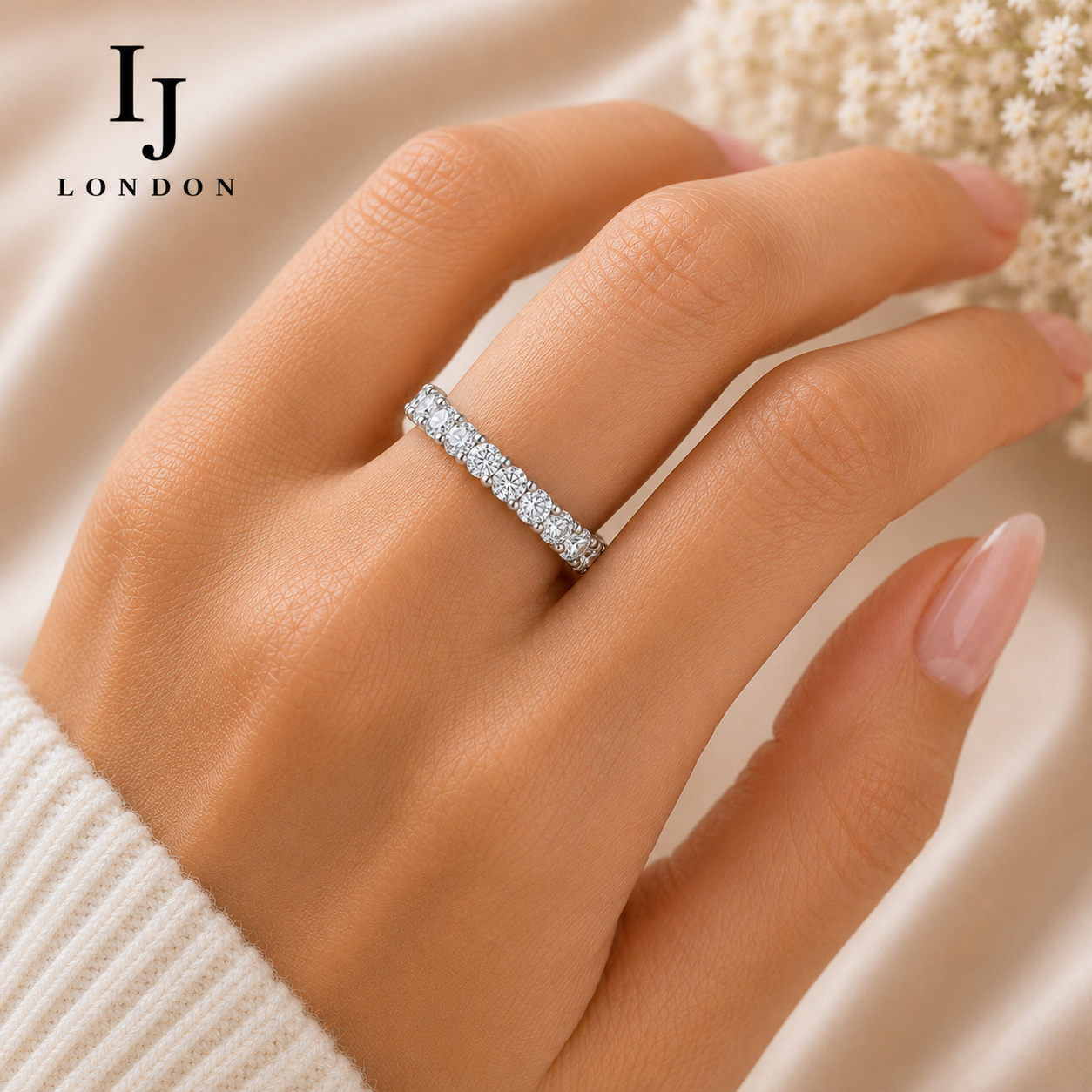 925 Sterling Silver Eternity Band Ring – Rhodium Plated CZ Wedding & Stacking Ring