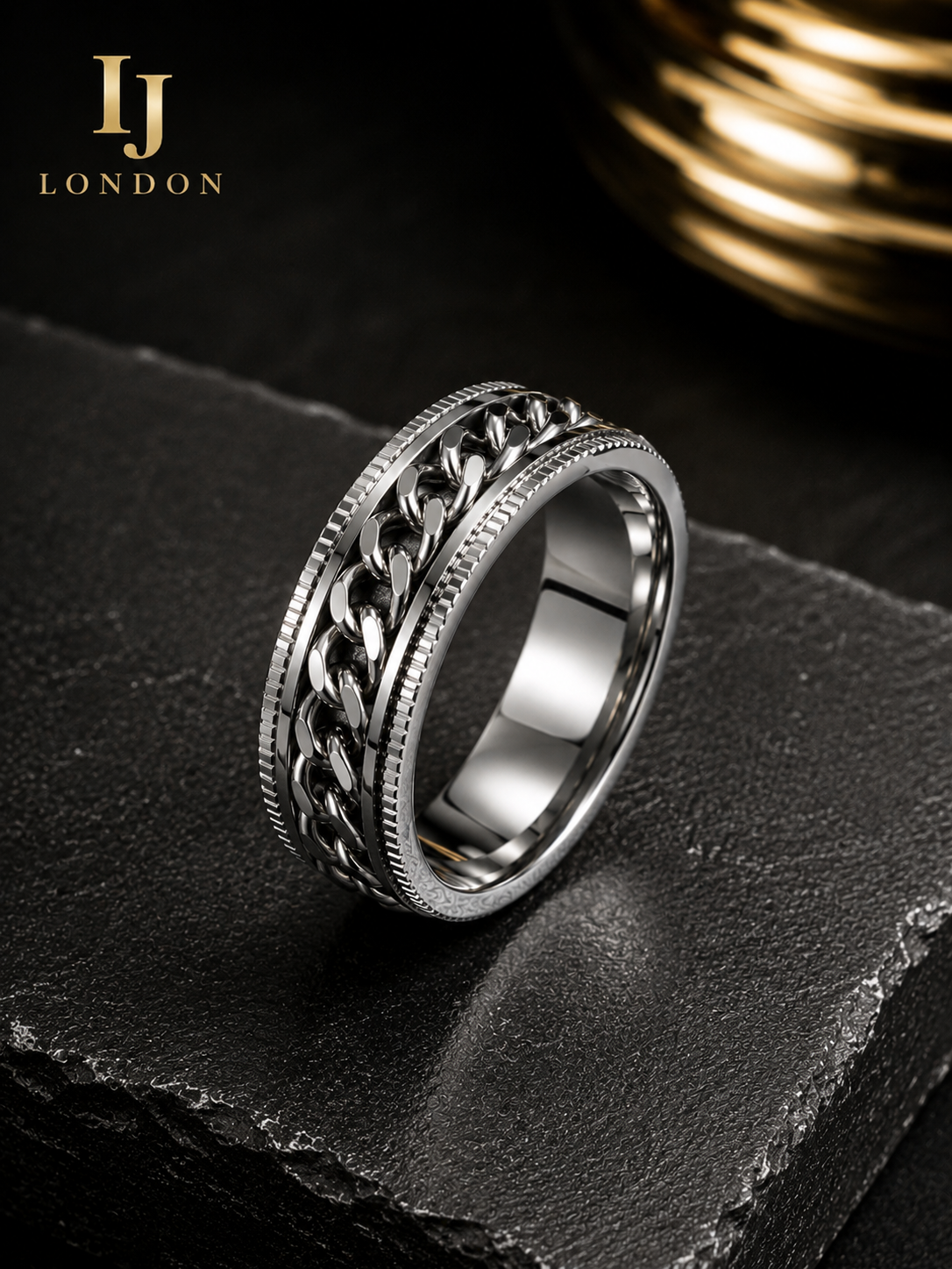 Men’s Stainless Steel Chain Ring – Premium Silver Spinner Ring