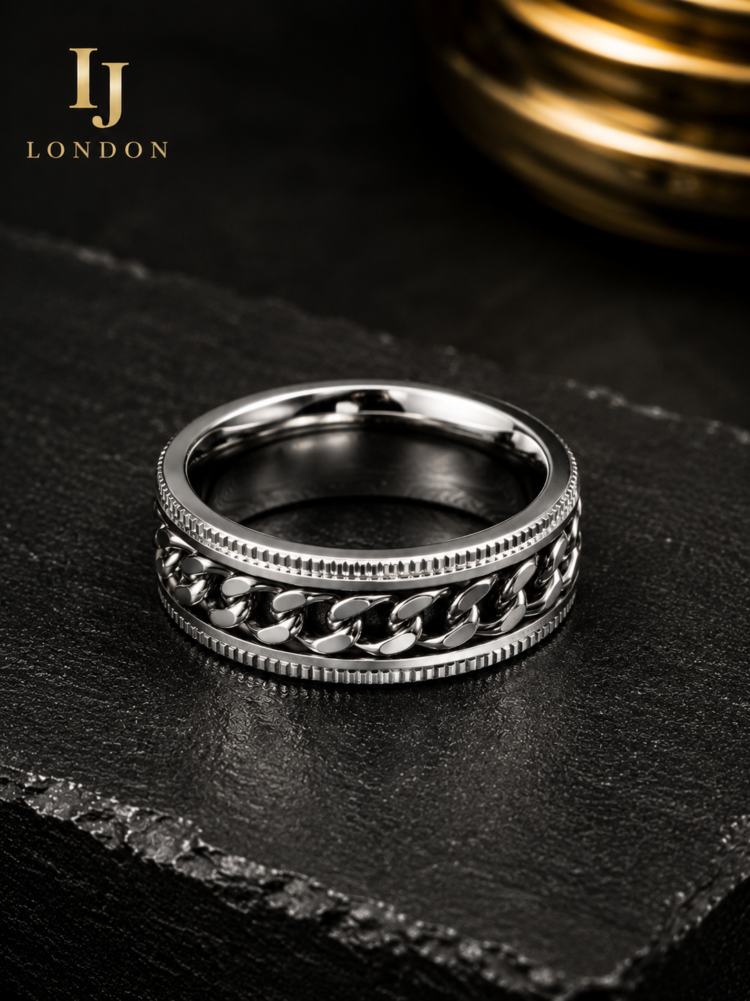 Men’s Stainless Steel Chain Ring – Premium Silver Spinner Ring