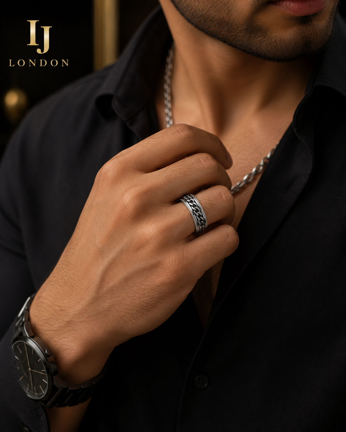Men’s Stainless Steel Chain Ring – Premium Silver Spinner Ring