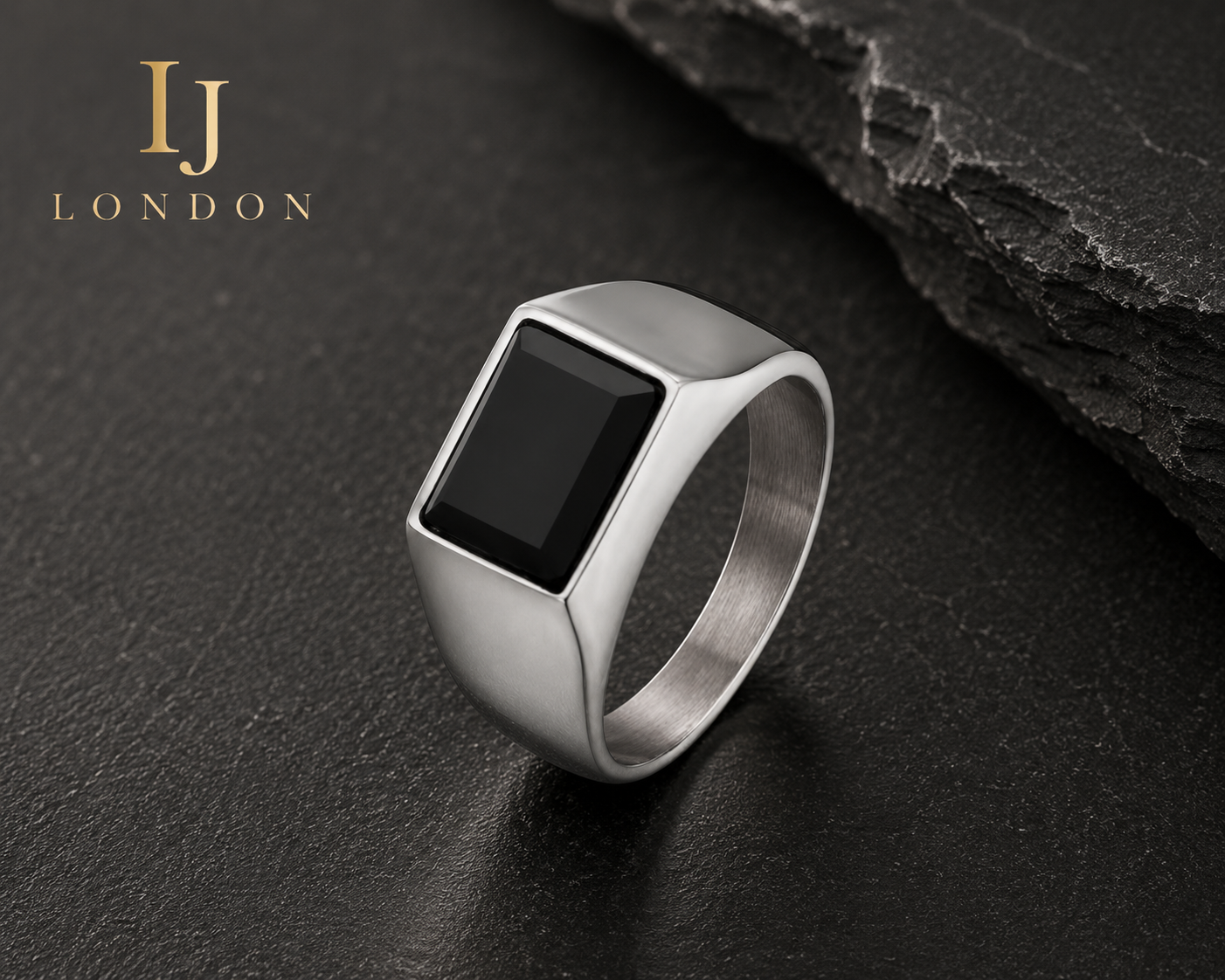 Men’s Stainless Steel Black Stone Signet Ring | IJ London