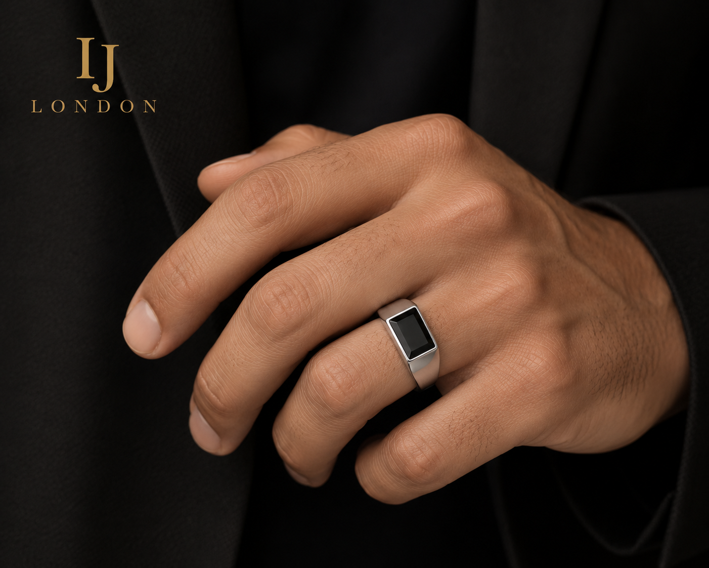 Men’s Stainless Steel Black Stone Signet Ring | IJ London