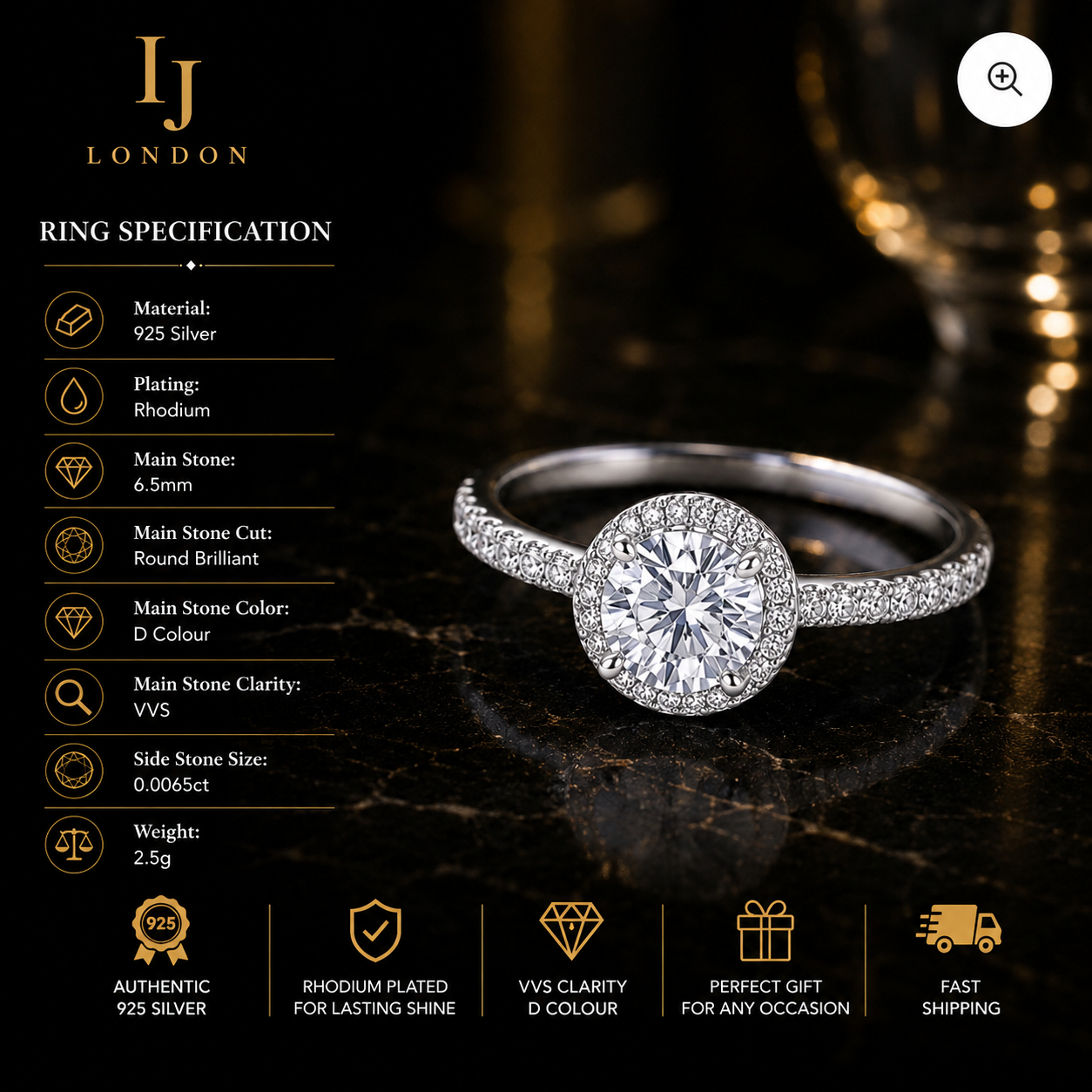 925 Sterling Silver Halo Engagement Ring – D Colour VVS Cubic Zirconia