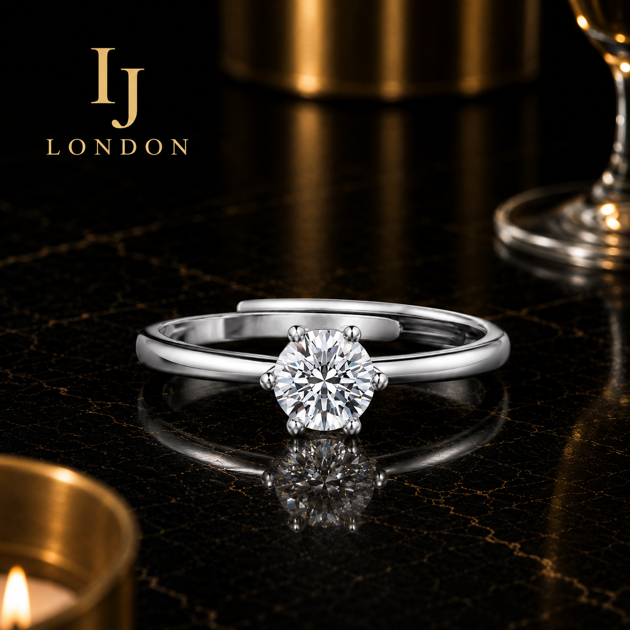 IJ LONDON Adjustable Solitaire Ring – 925 Sterling Silver | 0.5ct D Color VVS1 Stone