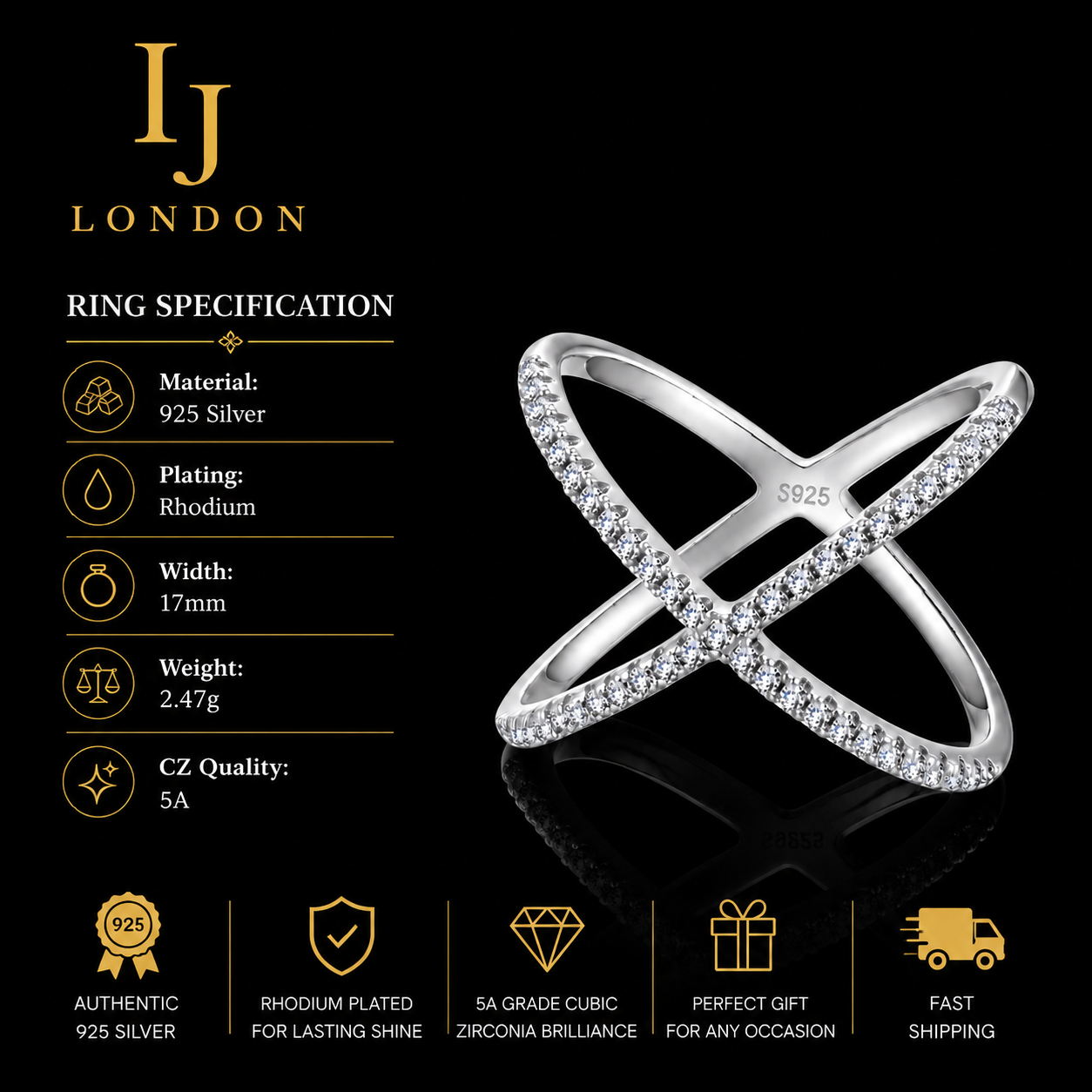 Criss Cross CZ Ring – 925 Sterling Silver Rhodium Plated Ring