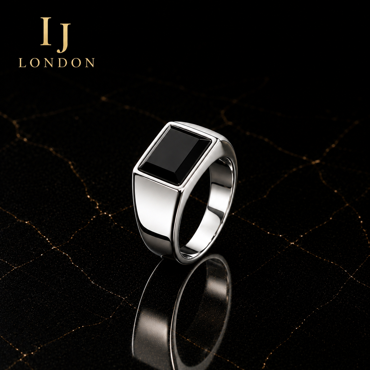 Men’s Stainless Steel Black Stone Signet Ring | IJ London