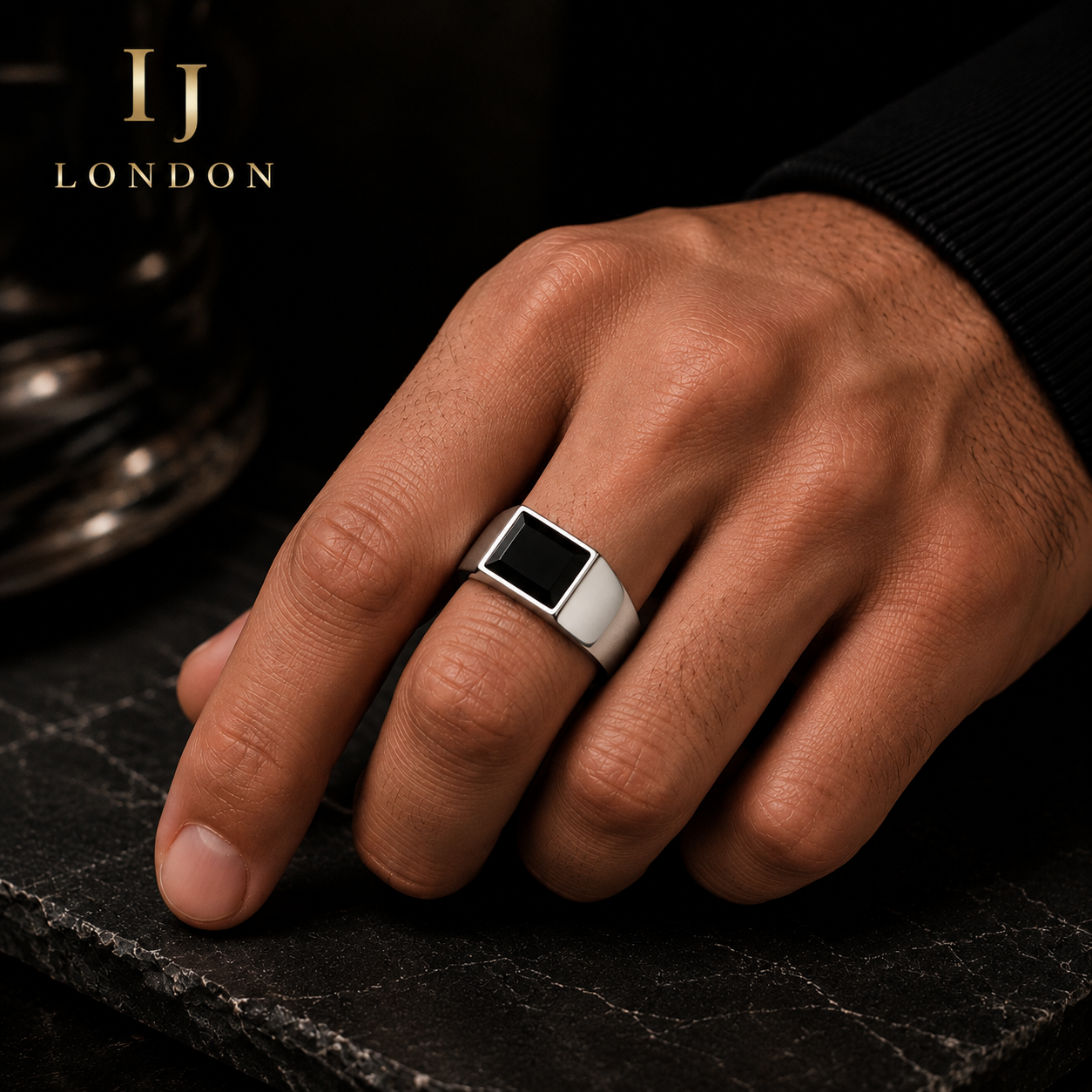 Men’s Stainless Steel Black Stone Signet Ring | IJ London