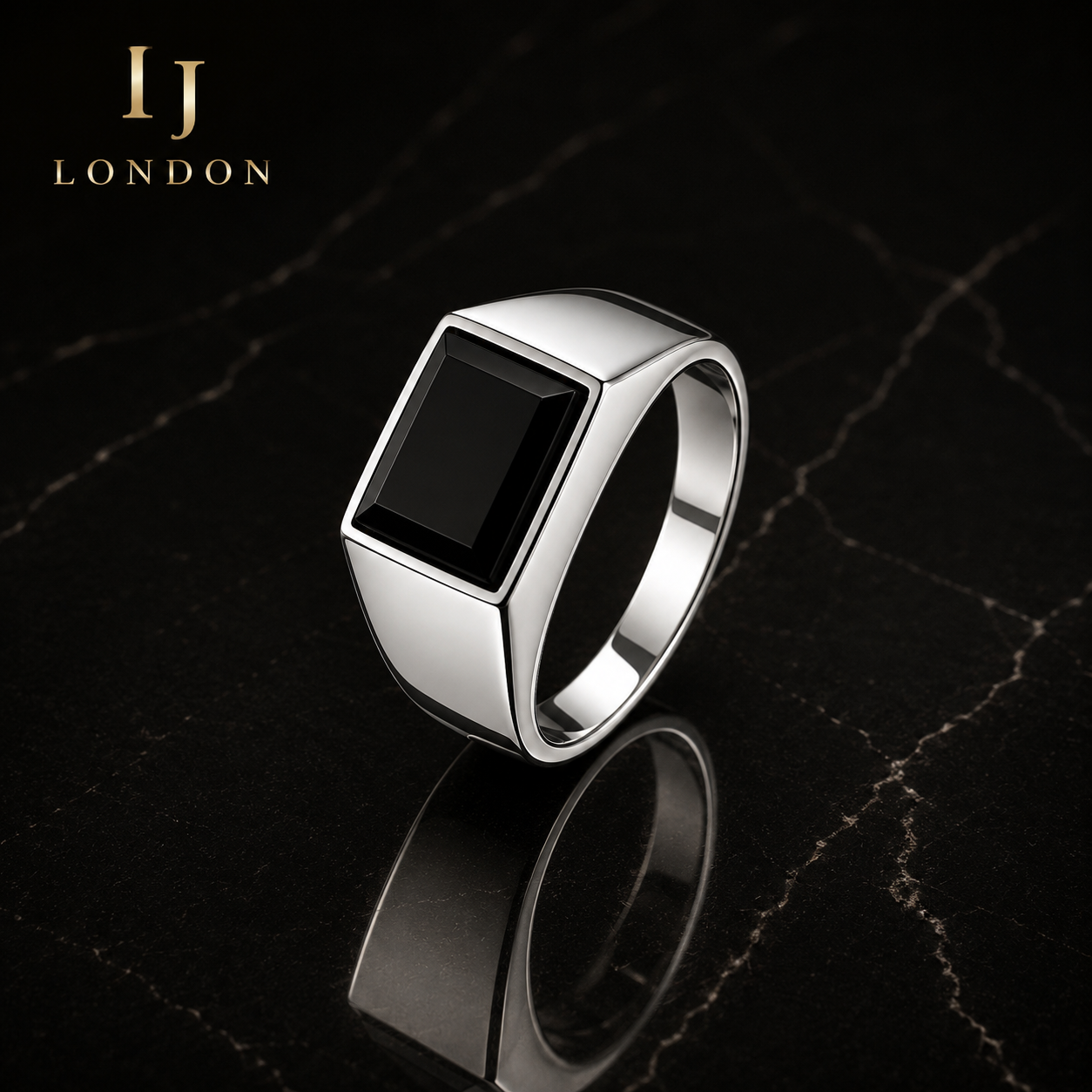Men’s Stainless Steel Black Stone Signet Ring | IJ London