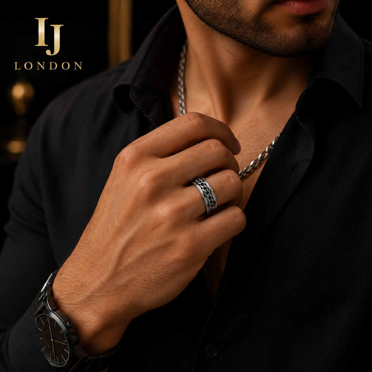 Men’s Stainless Steel Chain Ring – Premium Silver Spinner Ring