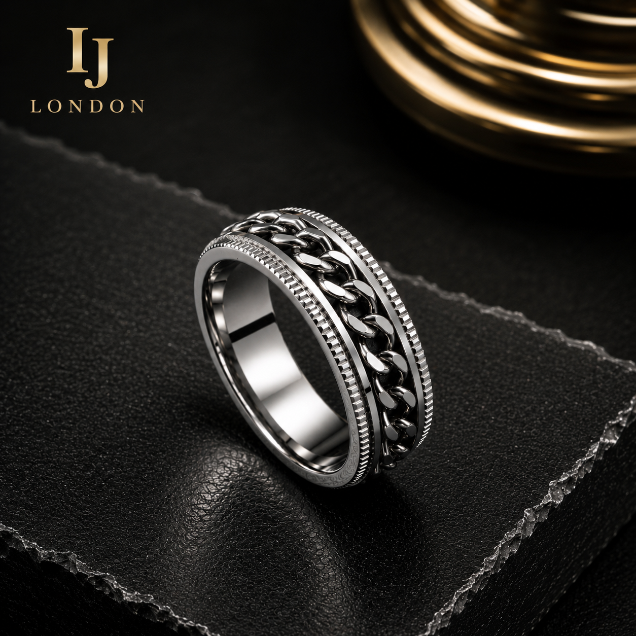 Men’s Stainless Steel Chain Ring – Premium Silver Spinner Ring