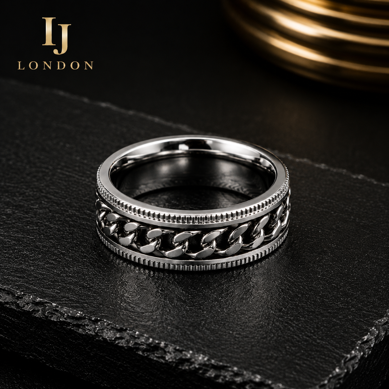 Men’s Stainless Steel Chain Ring – Premium Silver Spinner Ring