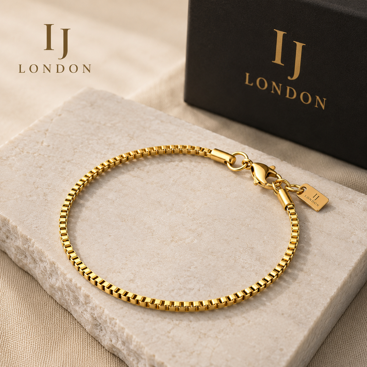 IJ London Gold Stainless Steel Box Chain Bracelet