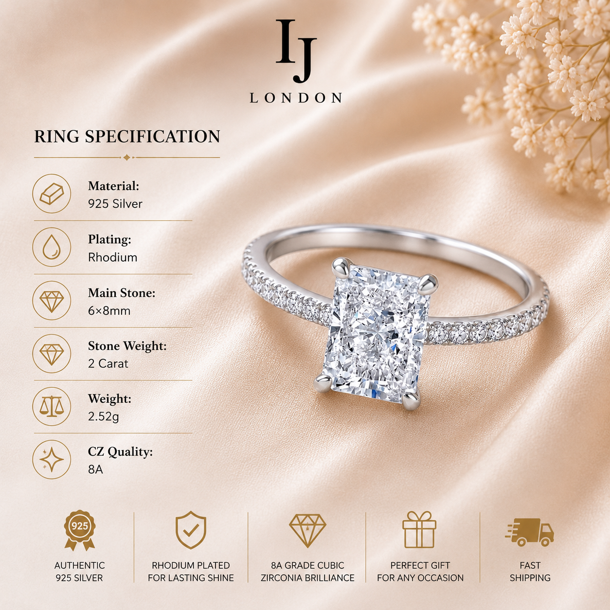 Radiant Cut 2 Carat CZ Engagement Ring – 925 Sterling Silver Rhodium Plated