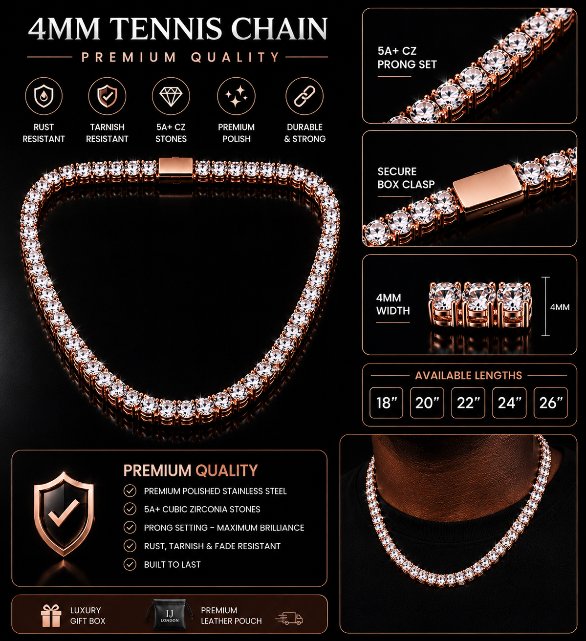 IJ London 4mm Premium CZ Tennis Chain – Rose Gold