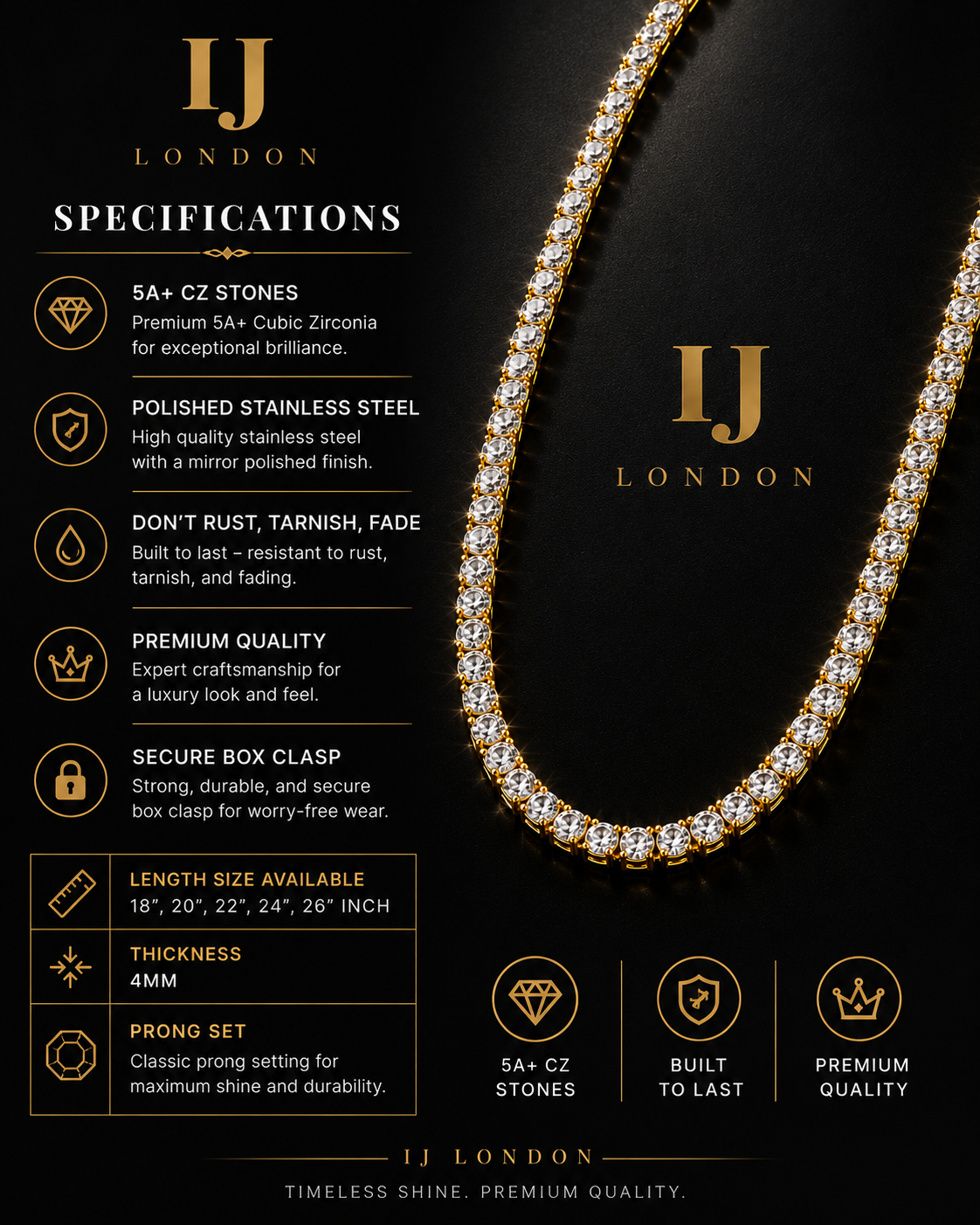 IJ London 4mm Gold Tennis Chain – Prong Set
