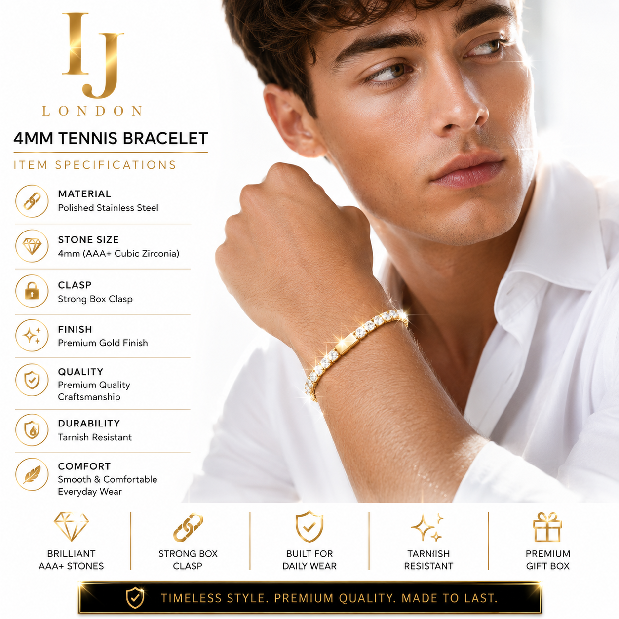 IJ London 4mm Gold Tennis Bracelet