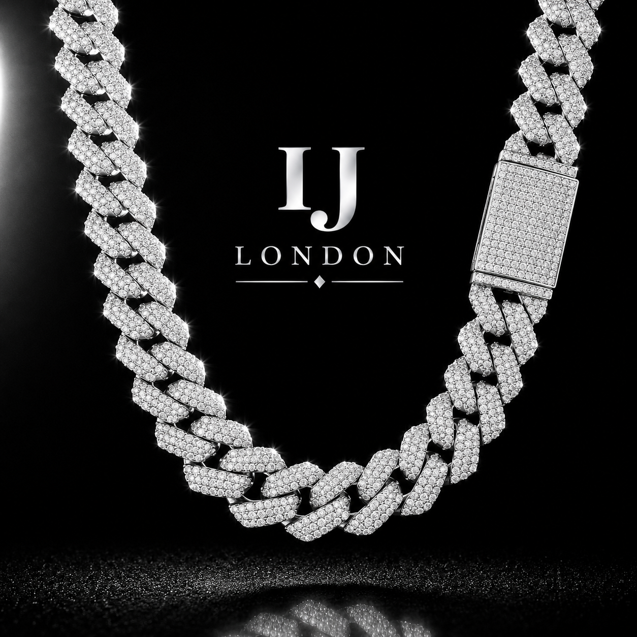 IJ London 20MM 3 Row Prong Set Cuban Chain – White Gold Plated
