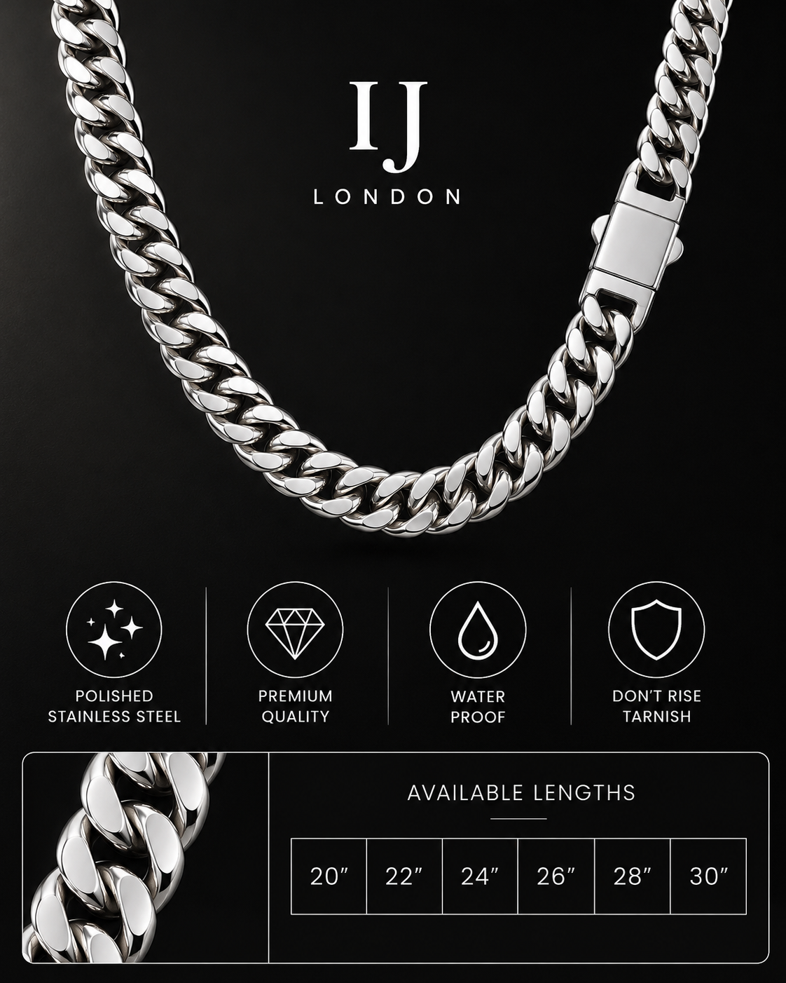 IJ London 14mm Premium Polished Stainless Steel Cuban Chain Necklace