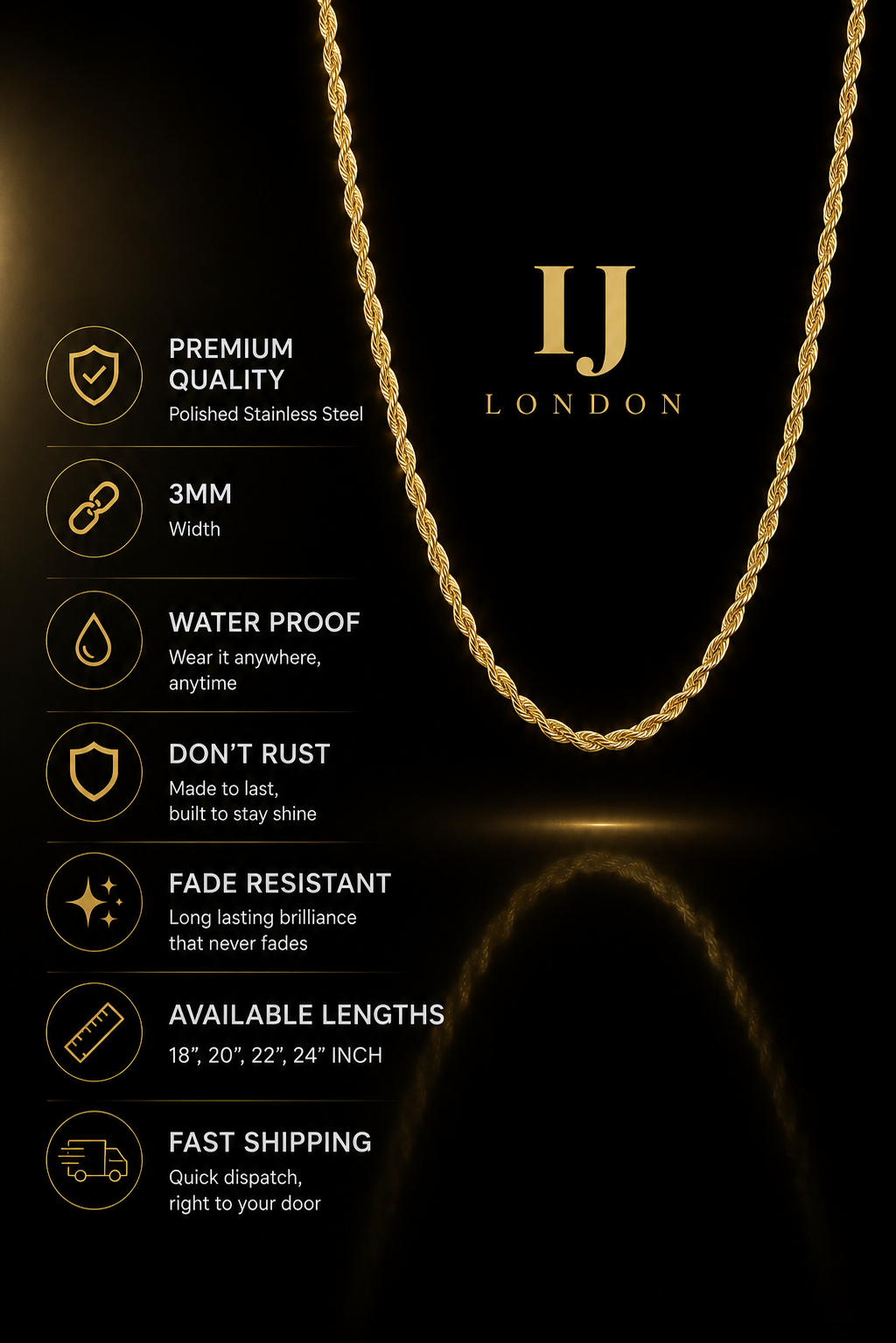 Premium Gold Stainless Steel Rope Chain 3mm – IJ LONDON