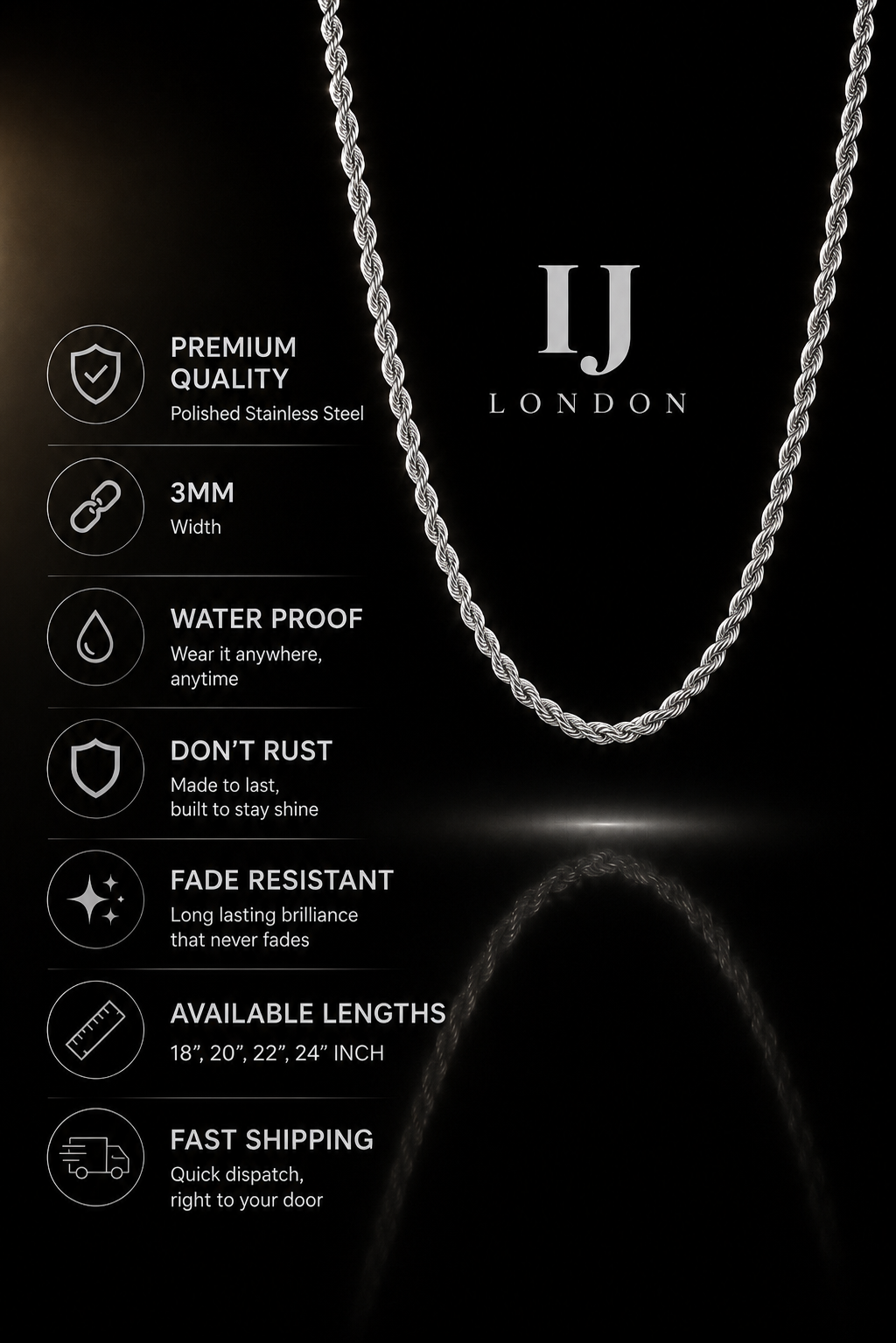 Premium Polished Stainless Steel Rope Chain 3mm – IJ LONDON