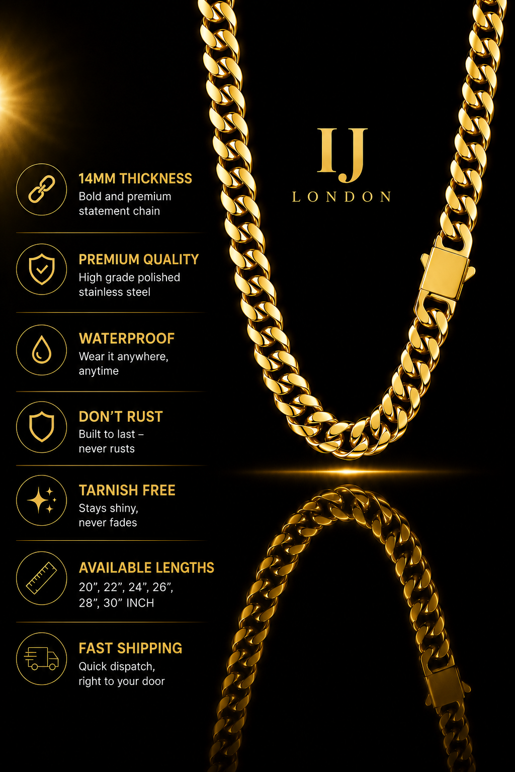 IJ London 14mm Premium Gold Cuban Chain Necklace