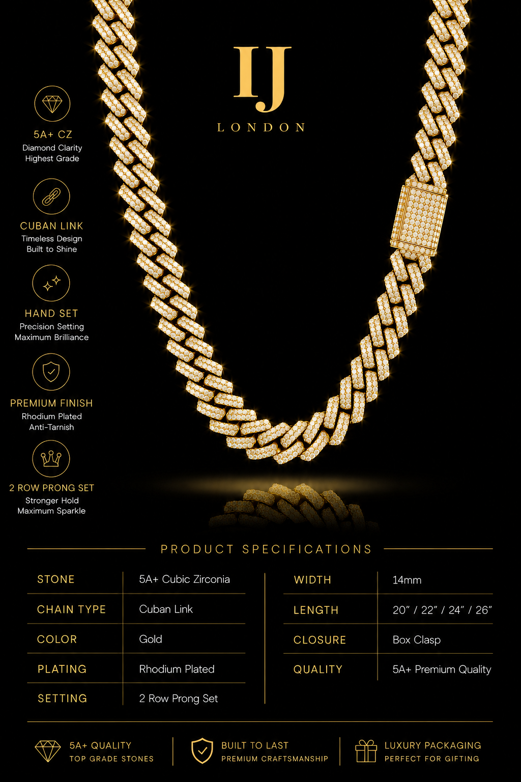 14mm Cuban CZ Iced Chain – 2 Row Prong Set Box Clasp