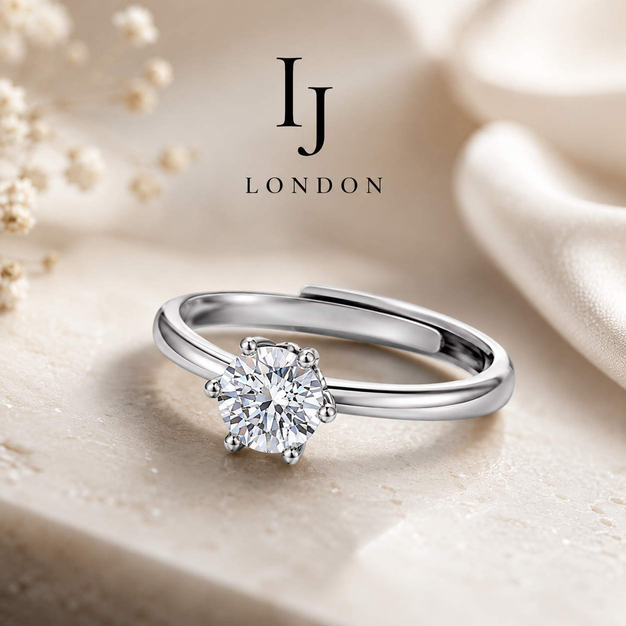 IJ LONDON Adjustable Solitaire Ring – 925 Sterling Silver | 0.5ct D Color VVS1 Stone