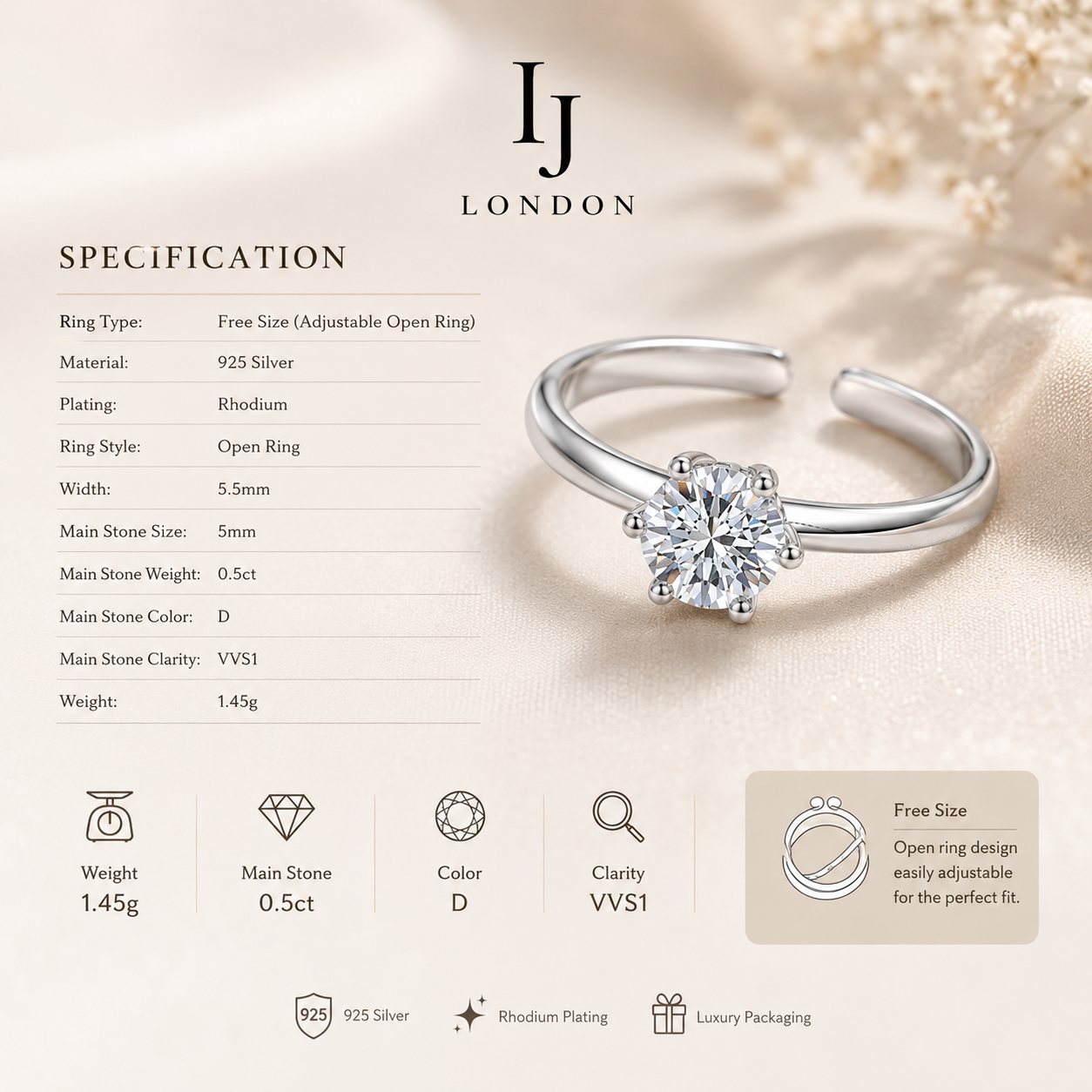 IJ LONDON Adjustable Solitaire Ring – 925 Sterling Silver | 0.5ct D Color VVS1 Stone