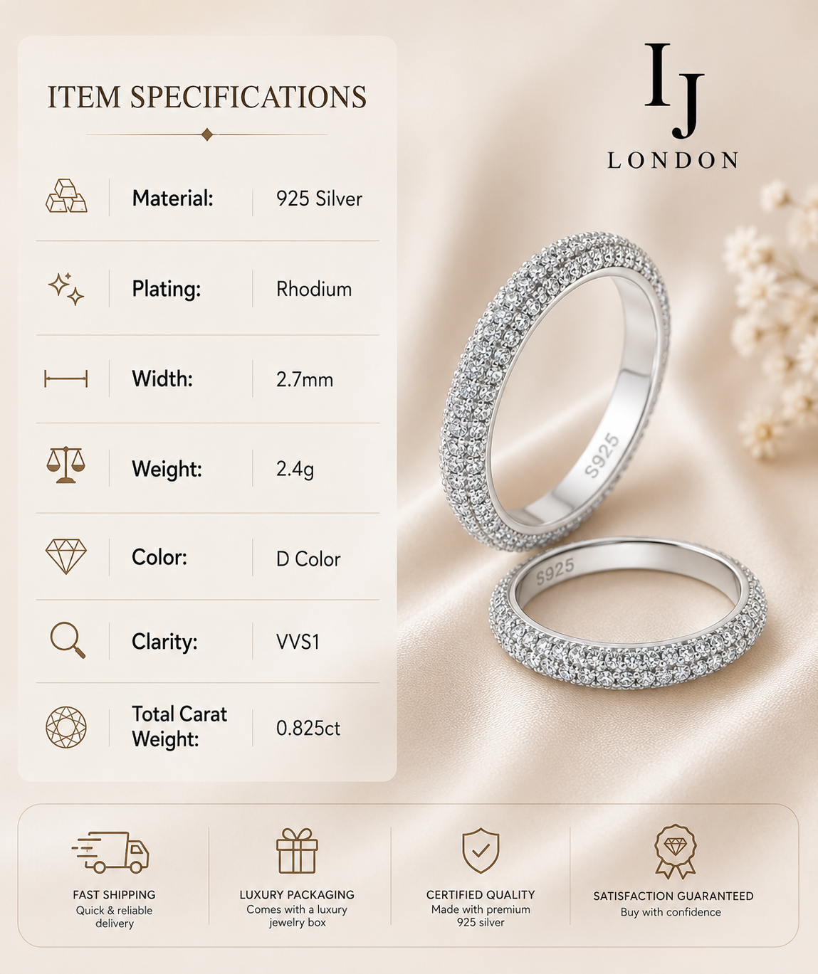 2.7mm Moissanite Eternity Ring – 925 Sterling Silver | D Color VVS1