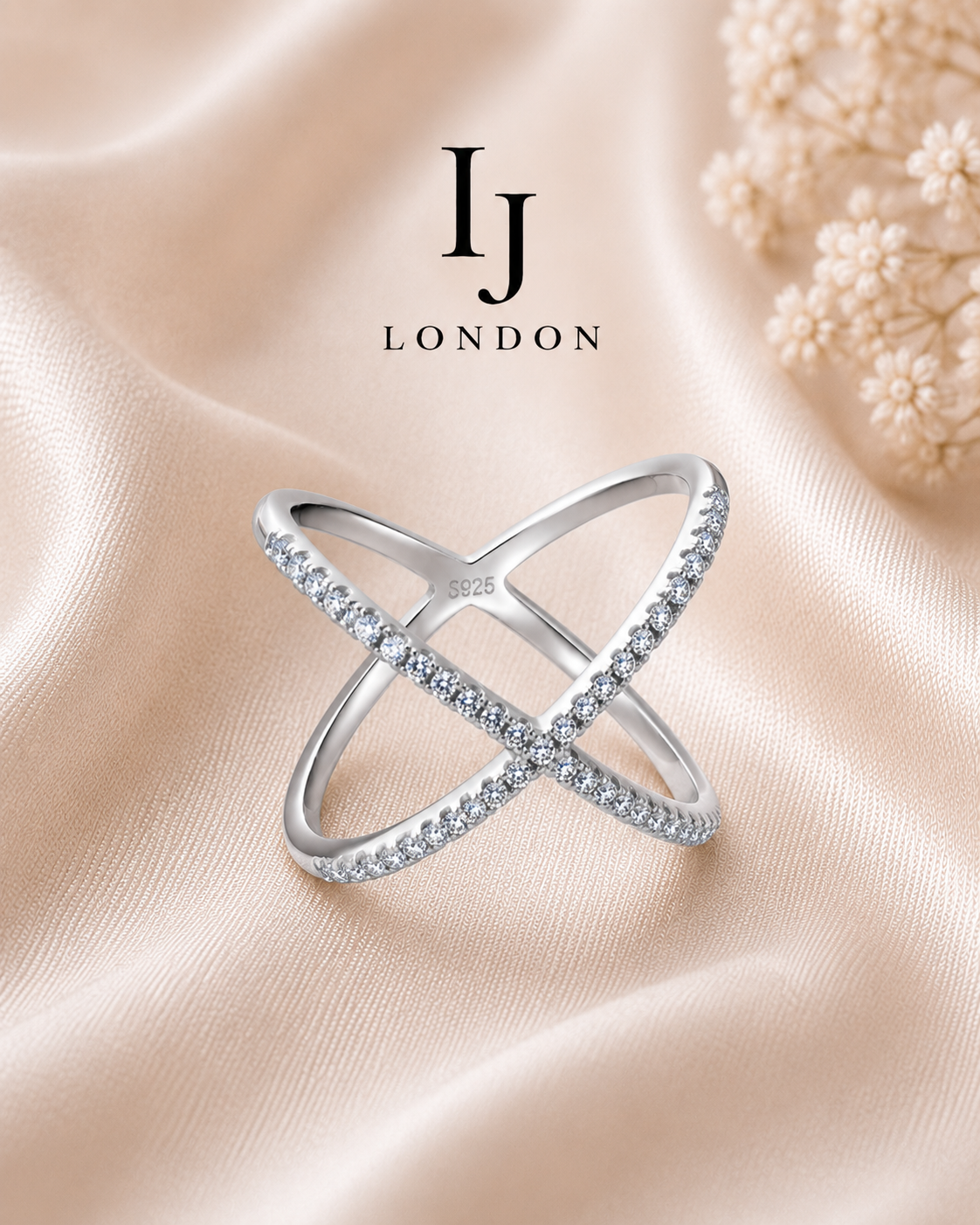 Criss Cross CZ Ring – 925 Sterling Silver Rhodium Plated Ring