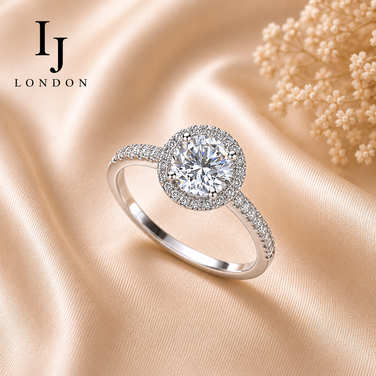 925 Sterling Silver Halo Engagement Ring – D Colour VVS Cubic Zirconia