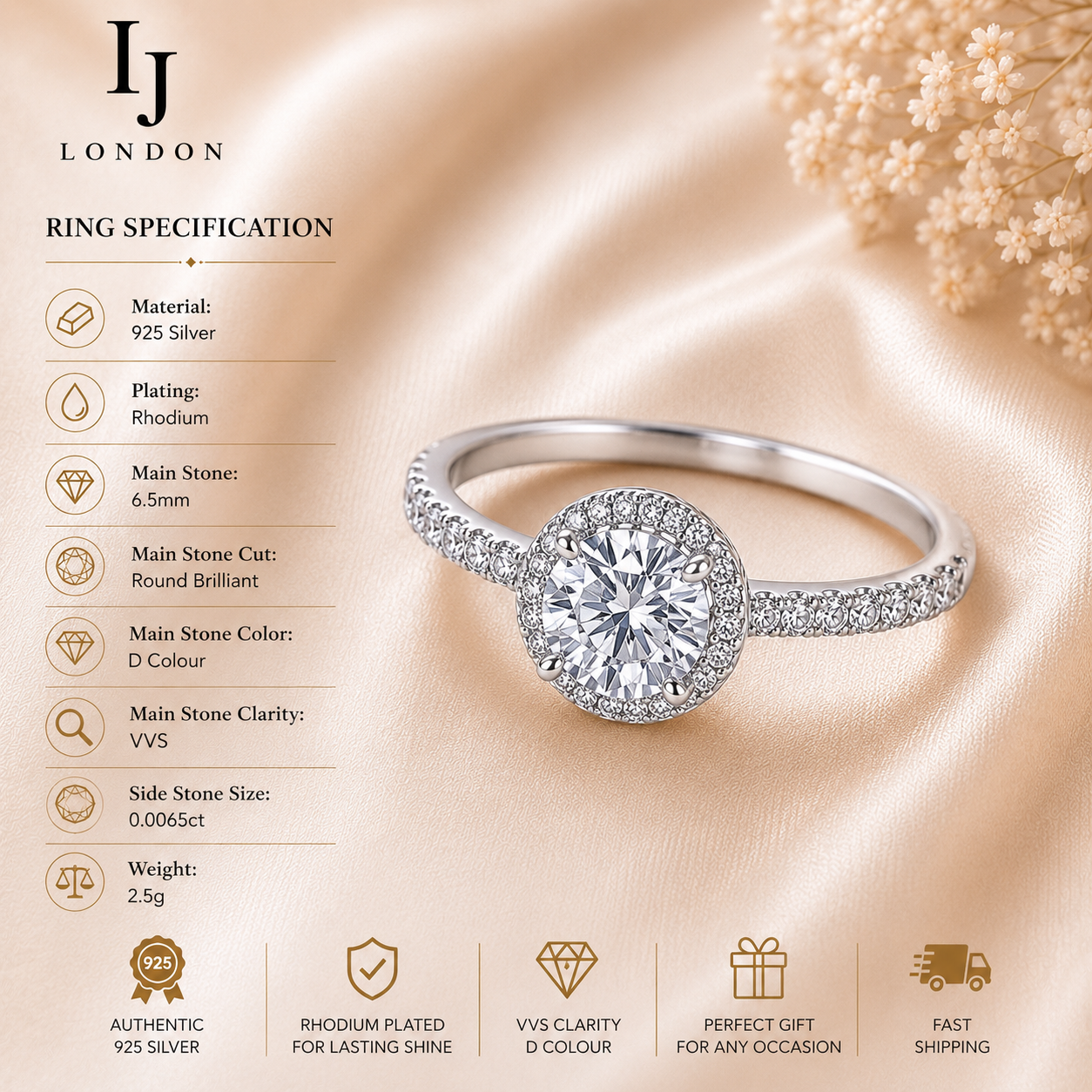925 Sterling Silver Halo Engagement Ring – D Colour VVS Cubic Zirconia