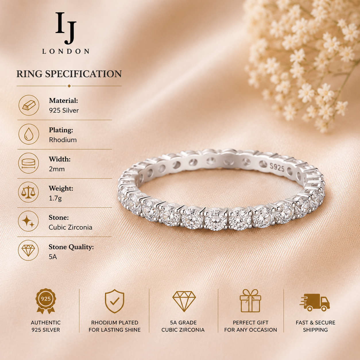 925 Sterling Silver Eternity Band Ring – Rhodium Plated CZ Wedding & Stacking Ring