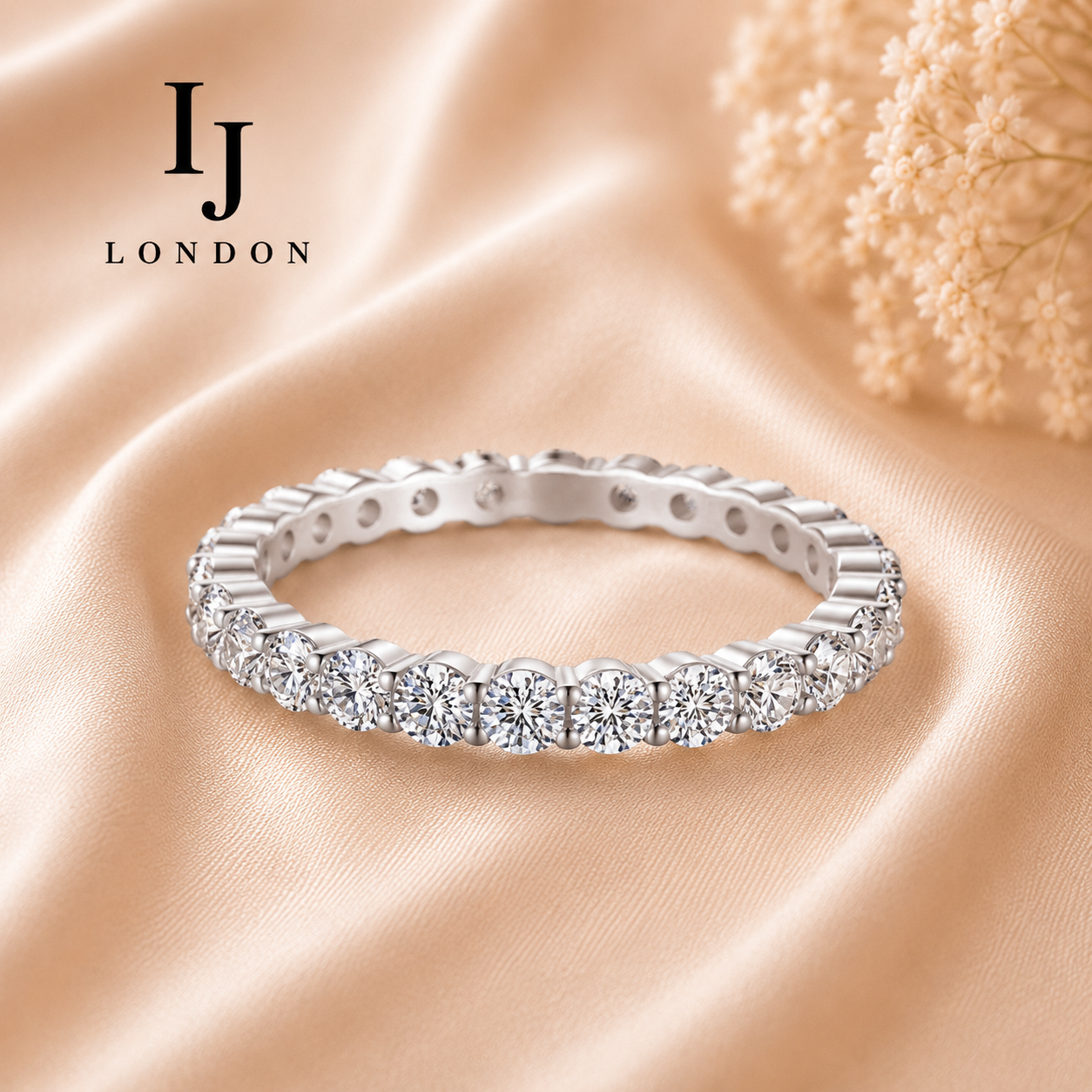 925 Sterling Silver Eternity Band Ring – Rhodium Plated CZ Wedding & Stacking Ring