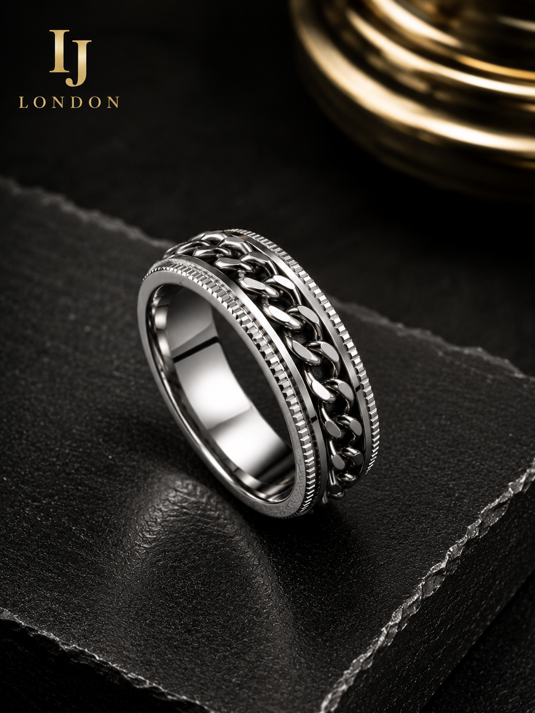 Men’s Stainless Steel Chain Ring – Premium Silver Spinner Ring